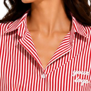 Camisa corta a rayas rojas y blancas personalizada para mujer, logotipo bordado personalizado, blusa informal de verano con botones y manga corta, OEM - Product Image 5