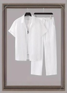 Men's Striped Short Sleeve Shirt With Turn-<b>down</b> Collar And Drawstring <b>Pants</b> Set Summer Casual Wear 100% Cotton - Product Image 3