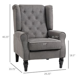 Poltrona Girevole Grigio Scuro con Schienale Alto e Bottoni Trapuntati, Braccioli e Gambe in Legno per Soggiorno o Bar - Product Image 3