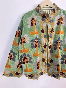 Boho <b>Light</b> Green Velvet Suzani <b>Jacket</b> Palm Tree Embroidery <b>Women</b> Ethnic Handmade Vintage Short Coat Outerwear - Product Image 4