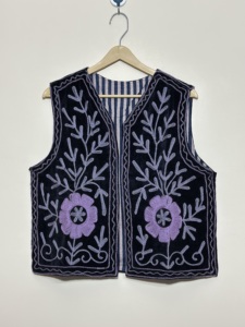 Handmade 100% Cotton Velvet Breathable Vintage Boho Unisex Ethnic Sleeveless Floral Embroidery Open Front Indian All Season <b>Vest</b> - Product Image 1
