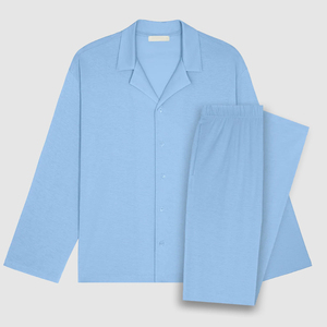 Conjunto de Pijama de Manga Larga Azul Claro para Hombre, Color Sólido, Ropa de Dormir Informal Suave, 100% Algodón, Lavable a Máquina, Ropa de Primavera - Product Image 3