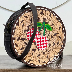 Bolso de mano de cuero genuino con cremallera redonda y diseño floral de cereza, estilo vintage para mujer, ideal para la noche o compras. - Product Image 1