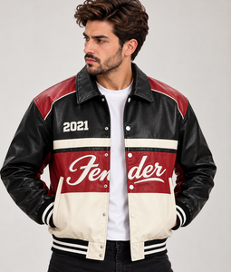 Blouson universitaire personnalisé pour homme en similicuir, style color block, avec logo brodé et boutons-pression, style streetwear, vestes universitaires - Product Image 4