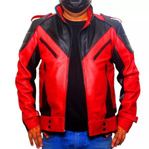 Blouson de moto en cuir PU rouge et noir pour homme, style motard, col montant, fermeture éclair, coupe ajustée, longueur standard, coupe-vent - Product Image 3