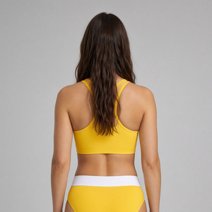 Ensemble tankini jaune deux pièces pour femme, haut court à col montant, bas taille haute, bordure contrastante, maillot de bain en Spandex et Nylon - Product Image 5