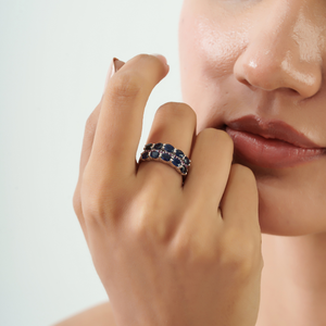 Wholesale Price 925 Sterling <b>Silver</b> Triple Row Natural Blue Sapphire & Ruby Gemstone Wide Half Eternity <b>Band</b> <b>Ring</b> - Product Image 4