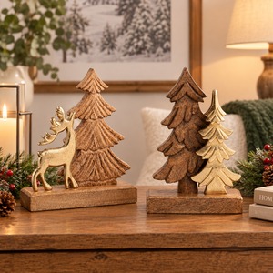 Decoración Navideña de Madera con Figuras de Ciervos y Árboles Dorados, Adorno Rústico para Mesa, Decoración para el Hogar con Temática Invernal, 2 Piezas - Product Image 2