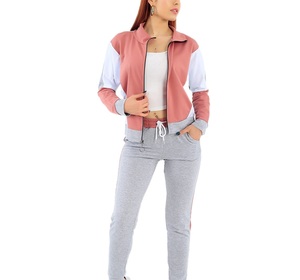 Women Color Block <b>Tracksuit</b> Full Sleeve Zipper Stand Collar Casual Sporty Gray Pink White Breathable Spring Wear - Product Image 5