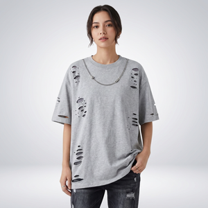T-shirt Homme Oversize Effet Vieilli Personnalisé Streetwear Déchiré 100% Coton Tricoté Formel Manches Courtes Vente en Gros OEM ODM - Product Image 2