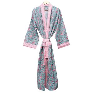 Bata de algodón hecha a mano para mujer con estampado floral, manga larga, cuello en V, largo completo, suave, informal, con ribete de rayas rosas, cierre con cinturón, de secado rápido - Product Image 4