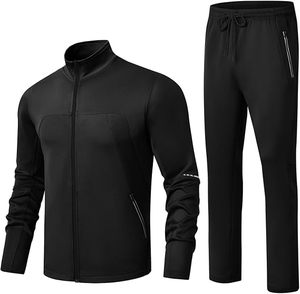 Survêtement noir pour homme, fermeture éclair intégrale, couleur unie, vêtement décontracté, polyester, col montant, poches latérales, coupe classique, vêtement d'automne - Product Image 2