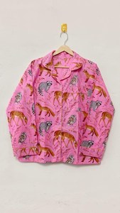 Conjunto de Pijama de Algodón con Estampado Animal Rosa, Tejido, Elegante, Estampado a Mano, Cómodo, de Manga Larga, para Mujer - Product Image 3