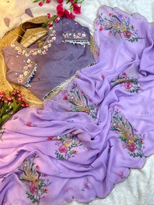 Sari de Seda con Estampado Floral, Lentejuelas, Bordado Katdana Hecho a Mano, Blusa Jalpari de Diseñador, Sin Arrugas, Largo hasta el Suelo, para Bodas y Fiestas - Product Image 4