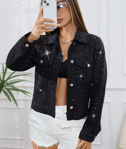 Black Sequined Denim <b>Jacket</b> Women <b>Cropped</b> Floral Pattern Formal Breathable Distressed Spring Outerwear - Product Image 5