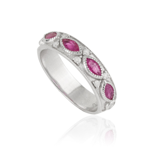Bague demi-éternité en argent sterling 925 massif avec rubis taille marquise et diamants ronds, bijou à porter au quotidien - Product Image 3