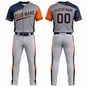 Conjunto de Uniforme de Béisbol Personalizado para Hombre, Gris, Naranja y Azul Marino, de Secado Rápido, Manga Corta, con Estampado Sublimado, 100% Poliéster - Product Image 1