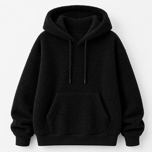 Sweat-shirt à capuche en polaire noir pour femme, couleur unie, manches longues, pull décontracté avec poches, vêtements d'hiver - Product Image 1