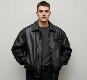 <b>Men</b>’s <b>Black</b> Genuine Leather Bomber Jacket Minimalist Retro 90s Style Oversized Fit Winter Outerwear Handmade <b>Real</b> Leather Jacket - Product Image 1