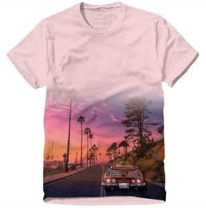 Camiseta de manga corta con cuello redondo para hombre, talla grande, con estampado de palmeras y playa, estilo casual, de algodón tejido, diseño con estampado fotográfico. - Product Image 2