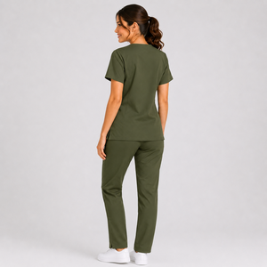 Ensemble de blouses médicales vert olive pour femmes, col en V, uniforme de soins de santé, tenue de travail pour infirmières, haut et pantalon, vente en gros - Product Image 4