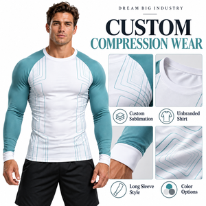 Custom <b>Mens</b> <b>White</b> Teal Raglan <b>Long</b> <b>Sleeve</b> Compression Shirt Crewneck Slim Gym Training Rash Guard Athletic Sportswear Base Layer - Product Image 5