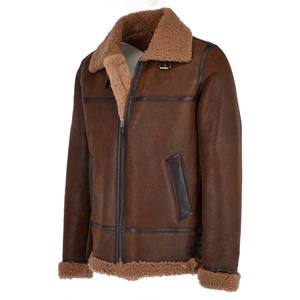 เสื้อแจ็คเก็ตหนังสีน้ำตาลคอนยัคสำหรับผู้ชาย  ปกขนสีแทน  เสื้อโค้ทขนแกะสำหรับฤดูหนาว  หนังแกะแท้บุขนแกะอุ่น  แจ็คเก็ตสไตล์นักบิน - Product Image 1