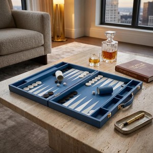 Modern Luxury Pu Leather Lychee Texture for Game Premium <b>Backgammon</b> <b>Set</b> Board Game <b>Set</b> Foldable Portable Blue with Dice - Product Image 5