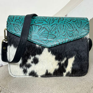 Sac à bandoulière en cuir de vachette véritable gaufré de style occidental pour femmes sac à bandoulière en cuir de fourrure gaufré turquoise élégant - Product Image 4