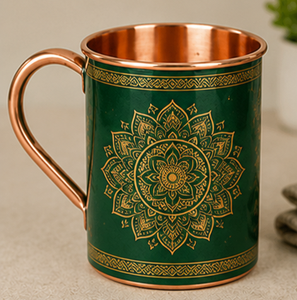 Mug à cocktail de luxe en cuivre doré avec motif mandala imprimé, émail vert émeraude, pour Moscow Mule - Product Image 1