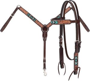 Handcrafted Beaded Western Headstall Breast Collar Set Genuine <b>Leather</b> Horse Bridle with Reins Tack Set - Product Image 5