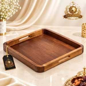 Plateau de service en bois de qualité supérieure avec poignées en laiton modernes, plateau rectangulaire en bois pour table basse et service en cuisine - Product Image 4