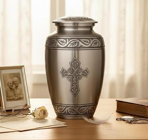 Urne funéraire classique en acier inoxydable en forme de larme avec motif croix, hermétique - Product Image 4