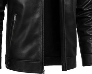 Blouson moto en cuir noir pour homme, col montant, fermeture éclair, coupe ajustée, pour l'automne - Product Image 5