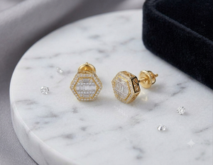 Custom 10K Solid Gold Hexagon Baguette Cut Lab Grown Diamond Stud <b>Earrings</b> <b>for</b> Women Children's-Trendy Birthday Engagement Gifts - Product Image 3