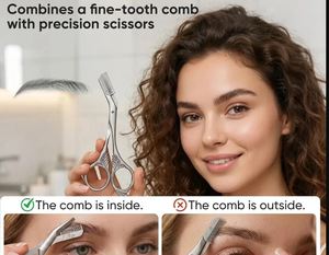 Ciseaux à sourcils avec peigne, en acier inoxydable gris, pour femmes et hommes, peigne à dents fines, ciseaux de précision - Product Image 2