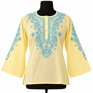 Yellow Viscose Cotton Digital Print Quick Dry Stretchable Tunic Top Long Sleeve Neck Floral Pattern <b>Women's</b> Summer Ethnic <b>Kurta</b> - Product Image 2