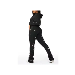 Conjunto de Sudadera con Capucha de 2 Piezas con Estampado de Salpicaduras en Blanco y Negro para Mujer, Chándal de Punto Informal de Longitud Completa para Todas las Temporadas - Product Image 2