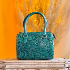 Sky Blue Color 100% Genuine <b>Leather</b> Mini Size Speedy Duffle Bag With <b>Tooled</b> Floral Carved Vintage Overnight Weekender Travel Bag - Product Image 1
