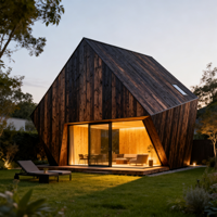 Cabine de sauna extérieure géométrique moderne, sauna en bois brûlé pour 4 à 6 personnes avec verre du sol au plafond et éclairage LED