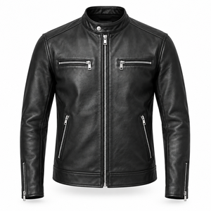 Veste noire Café Racer pour homme avec col à boutons-pression, quatre poches zippées, manches à empiècements, poignets zippés et style motard classique - Product Image 1