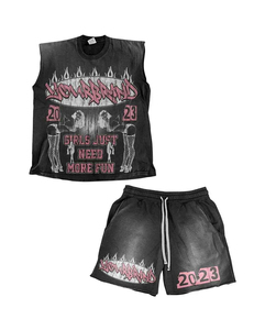 Conjunto de dos piezas de algodón tejido con lavado ácido para hombre: Camiseta sin mangas y pantalones cortos de chándal con borde sin rematar para verano, con patrón 3D formal. - Product Image 4