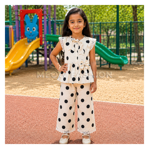 Prêt à expédier : Ensemble 2 pièces pour filles, hauts à volants à pois et pantalon large, vêtements décontractés pour enfants, vente en gros - Product Image 1