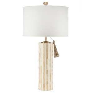 Lámpara de Mesa de Diseño Art Deco con Incrustaciones de Hueso Hechas a Mano, Aspecto Natural, con Pantalla de Lino para Dormitorio - Product Image 1