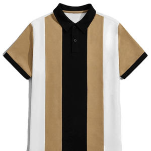 Men's Short <b>Sleeve</b> Color Blocked Striped Polo <b>Shirt</b> Button Down Collar Black <b>White</b> Khaki - Product Image 3