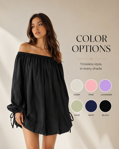 Robe décontractée exclusive pour femme en mousseline noire tissée, coupe ample, épaules dénudées, manches longues bouffantes, ourlet ballon, tenue de tous les jours - Product Image 1