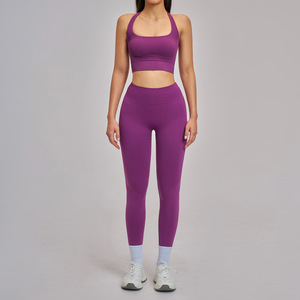Ensemble de yoga uni pour femme, legging taille haute et crop top, sans couture, en Spandex et Polyester, 2 pièces, tenue de sport, col licou, fitness - Product Image 2