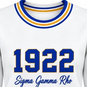 Suéter Blanco con Cuello Redondo, Bordado Azul Dorado Sigma Gamma Rho 1922, Jersey de Manga Larga con Puños a Rayas, Prenda Universitaria Clásica - Product Image 2