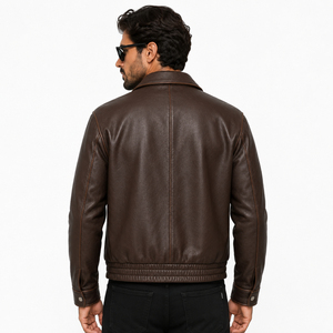 Custom <b>Men's</b> Premium <b>Brown</b> Genuine <b>Leather</b> Zip Front Bomber <b>Jacket</b> - Product Image 3