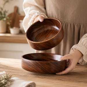 Bol de service classique artisanal en bois naturel pour les fêtes, la cuisine, les fruits, les collations, les salades, plat décoratif - Product Image 2